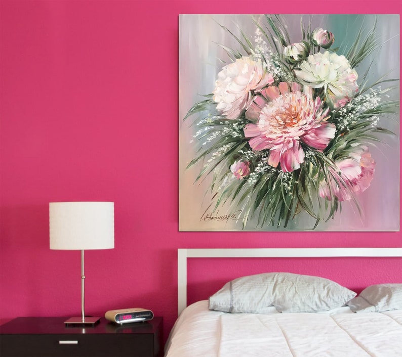 Large Flowers Oil Painting Original Pink Peony Wall Art Floral Etsy