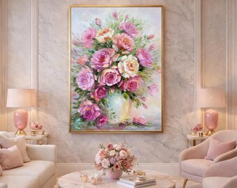 ピンクのバラの油絵 オリジナルの花瓶に入った花の絵画 クラシックな壁