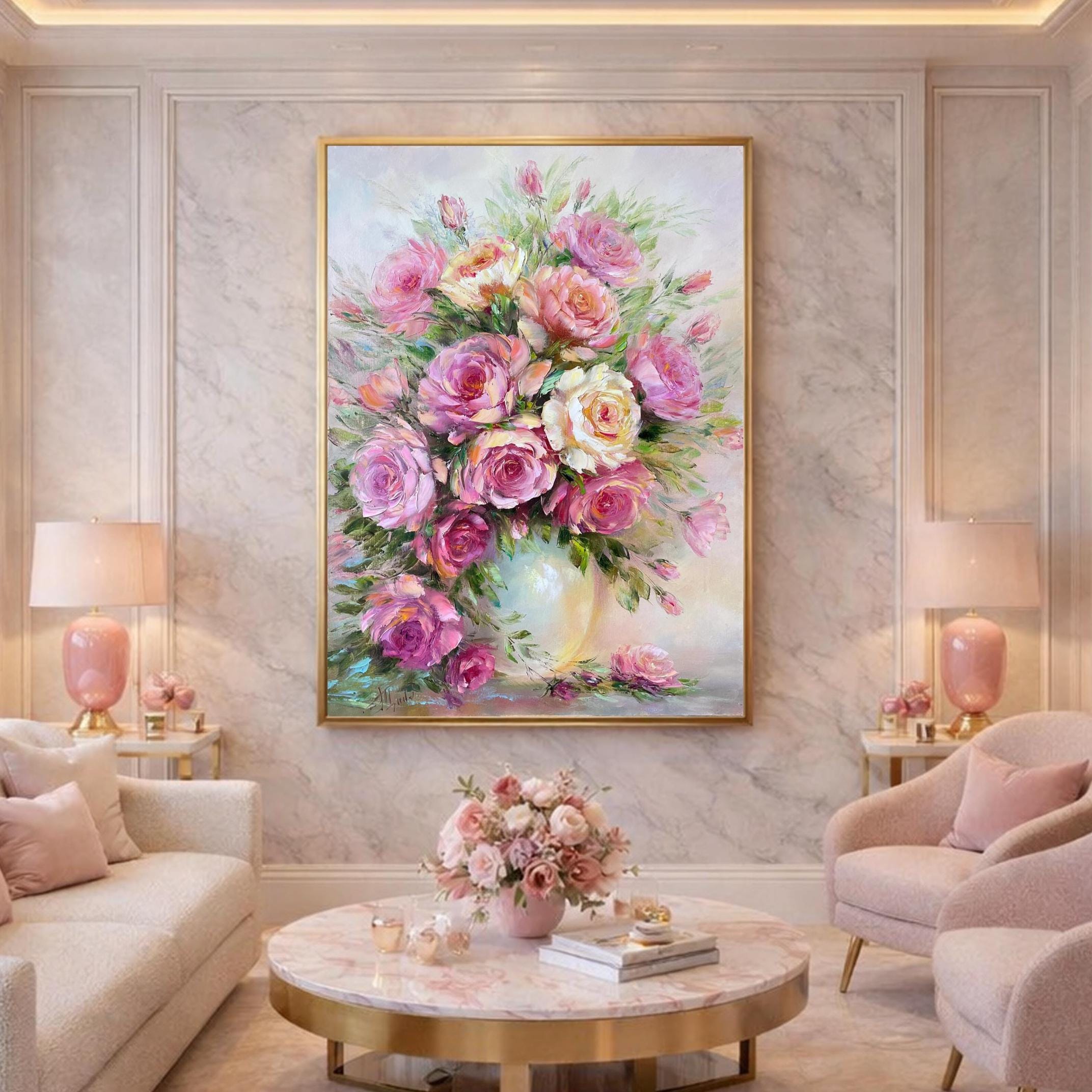 ピンクのバラの油絵 オリジナルの花瓶に入った花の絵画 クラシックな壁