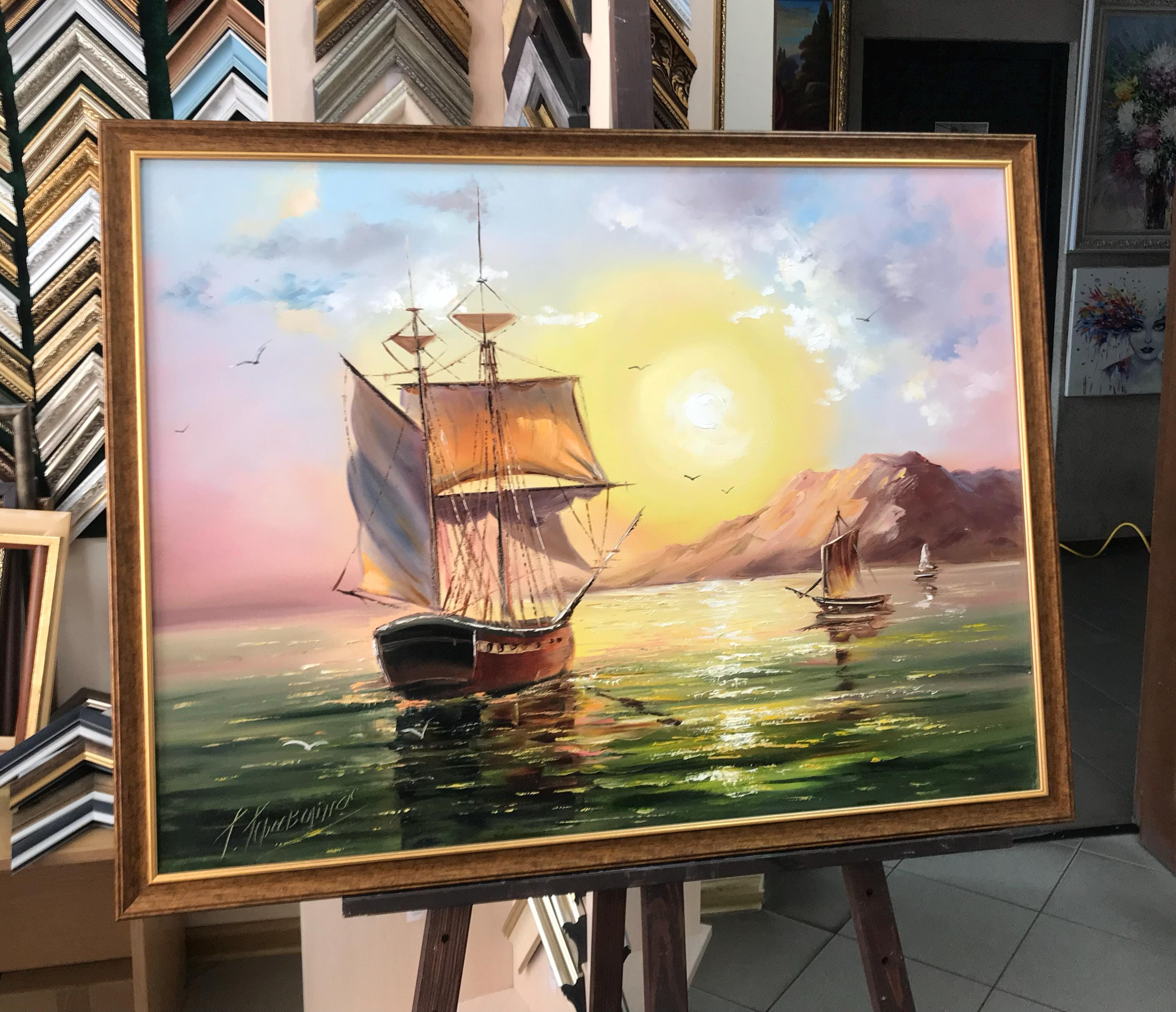 帆船の油絵 夕日に沈む船のオリジナル絵画 帆船の壁画 沿岸の