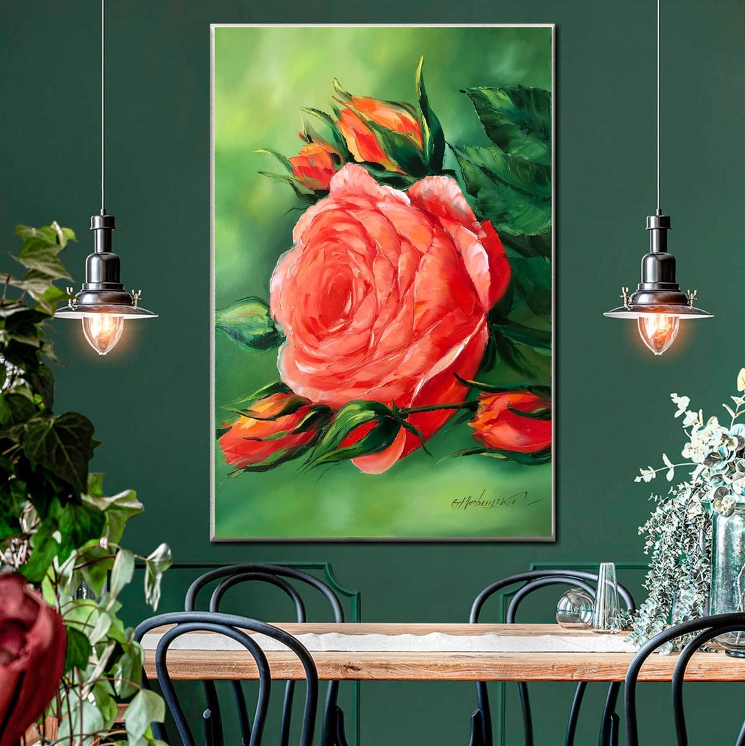 Large Flower Paintings on Canvas Big Red Flower Wall Art Colorful Floral Oil Painting Large Rose