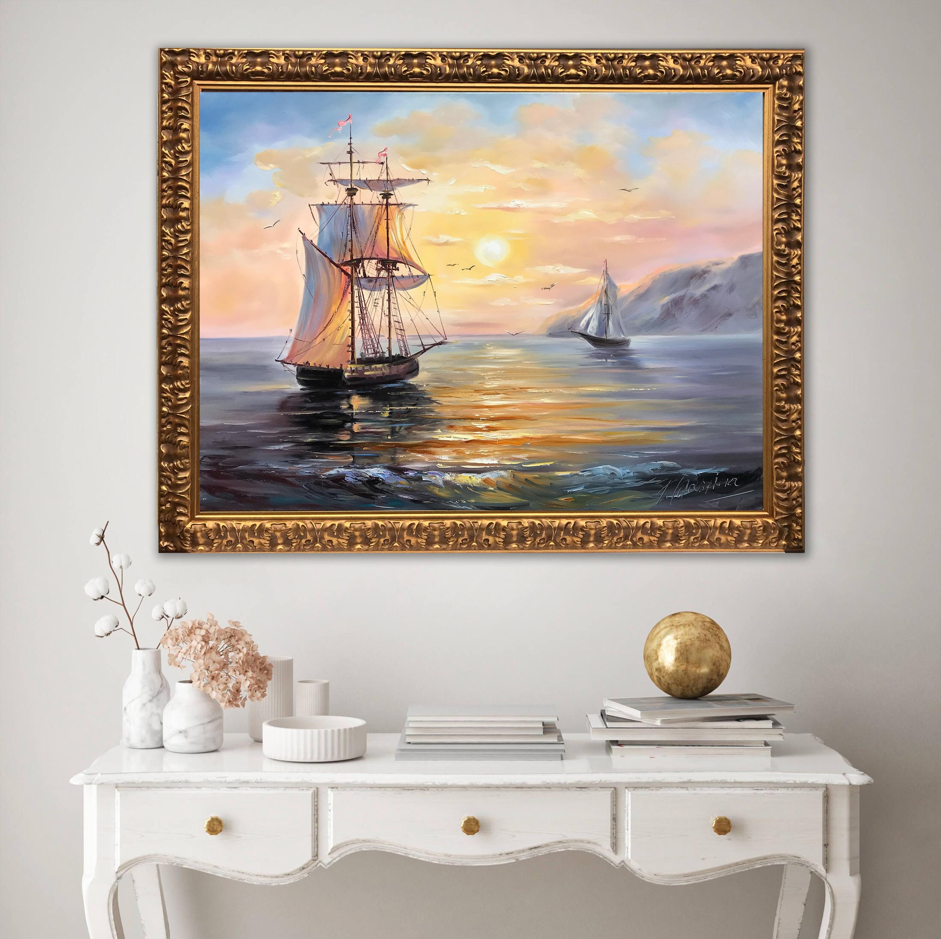 キャンバスに描かれた海事絵画、海に浮かぶ船、夕焼けの油絵