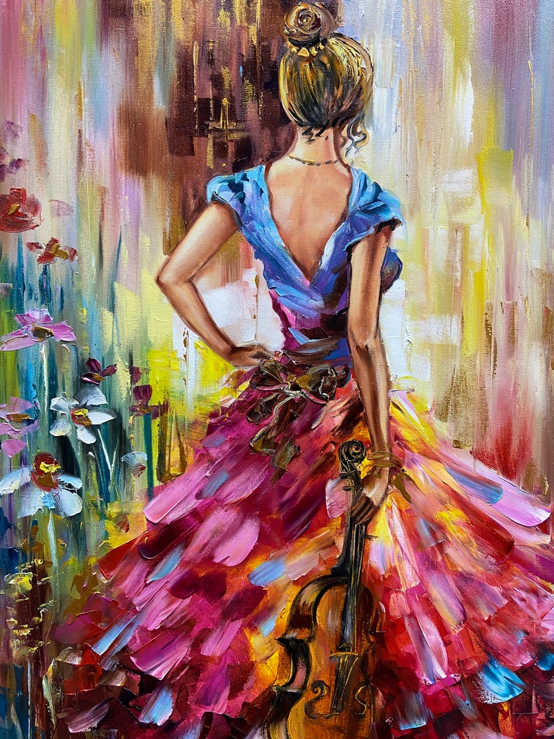Violin Girl Oil Painting Original: Beautiful Woman Wall Art - Etsy