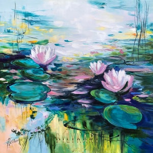 Monet Painting &quot;Water Lilies&quot; Lotus Flower Wall Art Lily Painting 24x24 Dark Green Oil Painting Guest Bedroom Decor Pond Nature Oil Painting