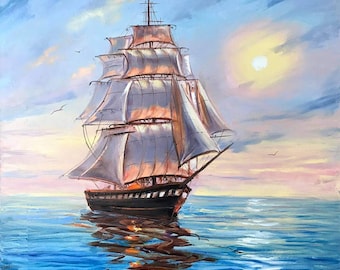Groot schip op zee-olieverfschilderij op canvas: extra grote muurkunst blauw zeegezicht