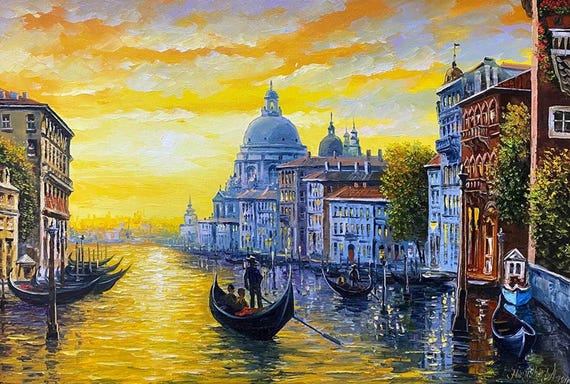 ヴェネツィアの夕日 イタリア 油絵 オリジナル：ヴェネツィアの運河を