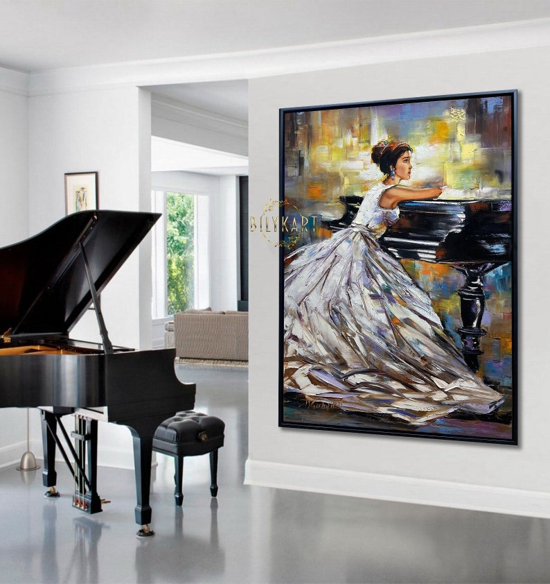Pianist Painting Girl Grand Piano Wall Art Woman Sitting Art Lady ...