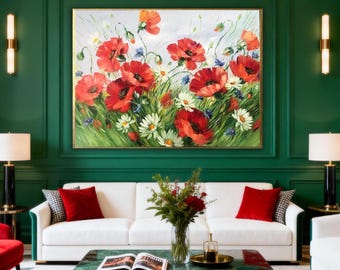ポピーフィールドの油絵オリジナルアートワークキャンバスに描かれた