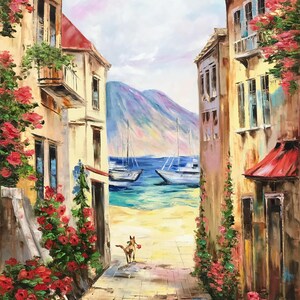 May include: Oil painting of a coastal street scene. Buildings with red roofs and balconies line the cobblestone path. Red flowers cascade down the walls. A dog with a red object in its mouth walks toward the sea, where sailboats are docked.