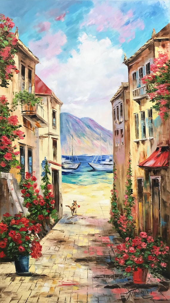 Italian Village Oil Painting Original, Amalfi Coast Canvas Seaside Art, Italy Street Art