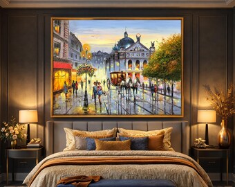 キャンバスに描かれた大きな都市の絵画、ヨーロッパの都市の壁画、都市