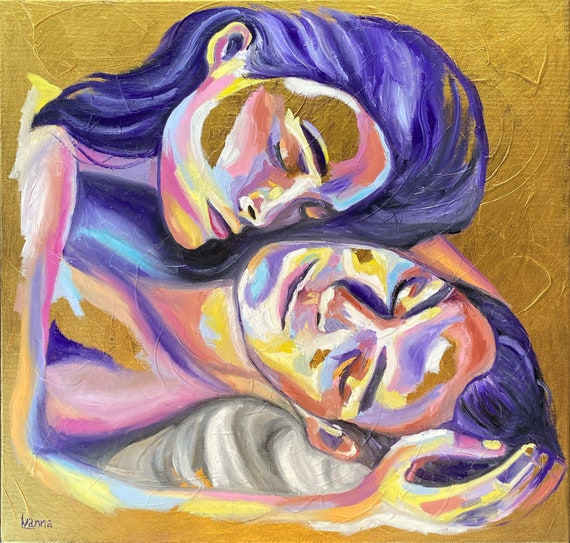 Sensual Couple Wall Art Canvas Oil Painting, Intimate Couple Emotional Artwork Gift