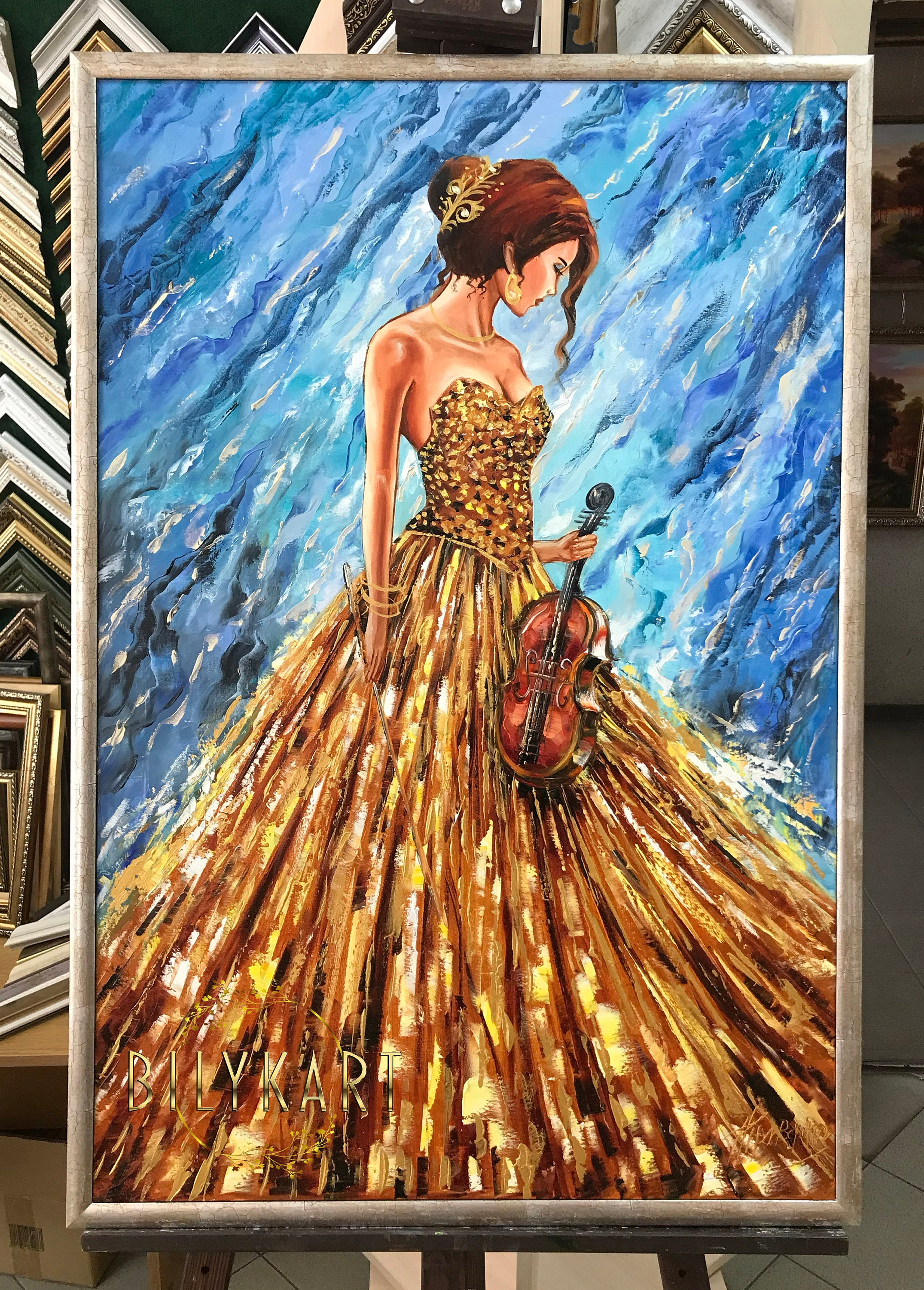 Abstract Woman in Gold Dress Oil Painting Original Girl Music Painting Blue  Gold Violin Decor Violin Player Painting Modern Woman Artwork - Etsy