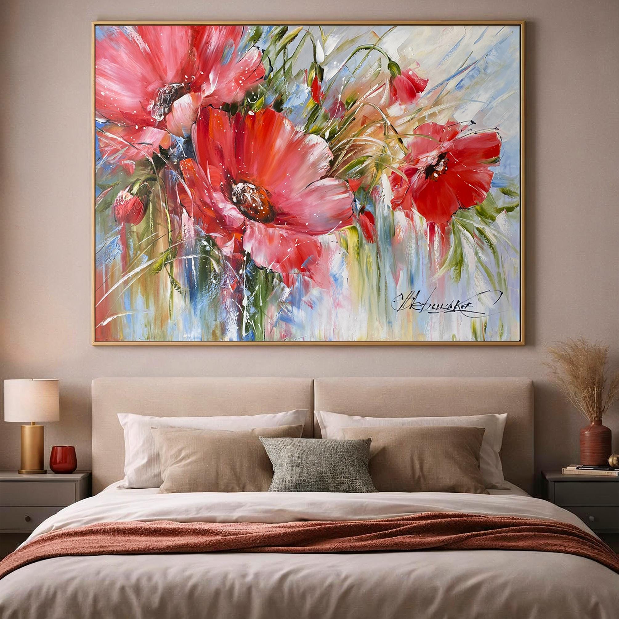 Red Poppies Original Painting, Large Blooming Flowers Wall Art, Poppy ...