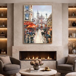 European Cityscape Painting Original Europe Wall Art Travel Town Abstract City Painting on Canvas Modern Cityscape Art European Cafe Art image 4
