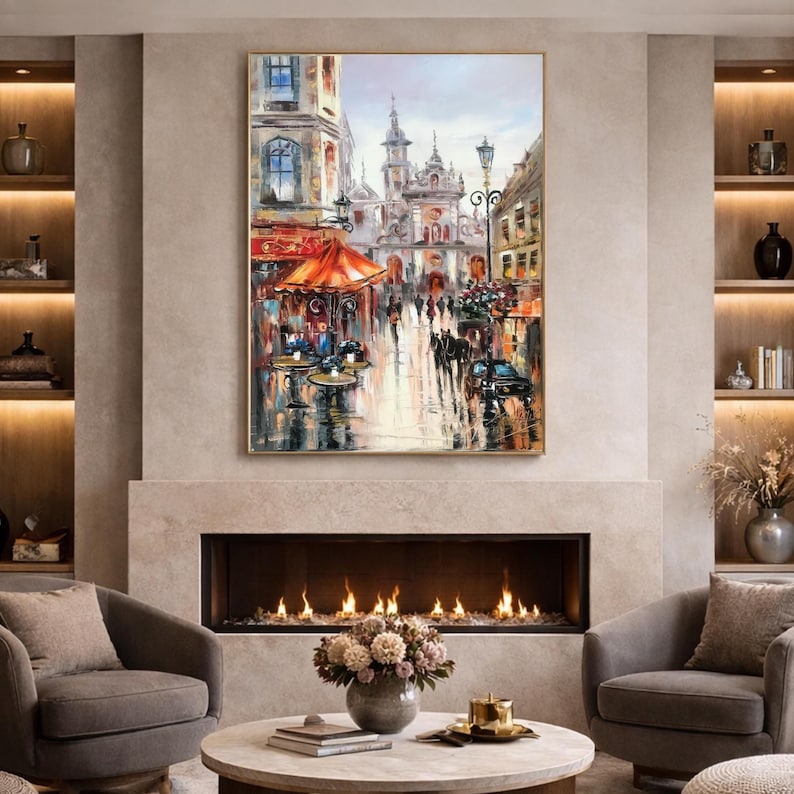 European Cityscape Painting Original Europe Wall Art Travel Town Abstract City Painting on Canvas Modern Cityscape Art European Cafe Art image 4