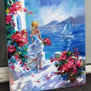 Woman at Sea Painting Original Santorini Painting on Canvas Seaside Artwork Girl Looking at the Sea Painting Greece Oil Painting Summer Gift image 6