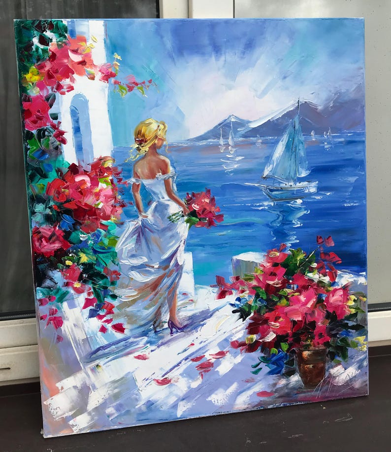 Woman at Sea Painting Original Santorini Painting on Canvas Seaside Artwork Girl Looking at the Sea Painting Greece Oil Painting Summer Gift image 6