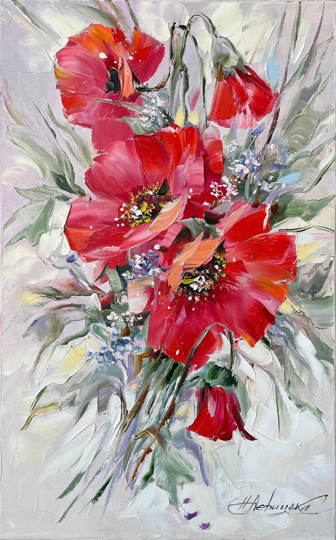 赤いポピーのオリジナル絵画、大きな花が咲く壁掛けアート、キャンバス 