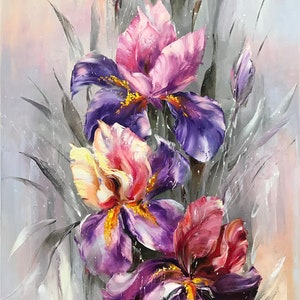 Large Abstract Flower Oil Painting Original Purple Iris Flower Canvas ...