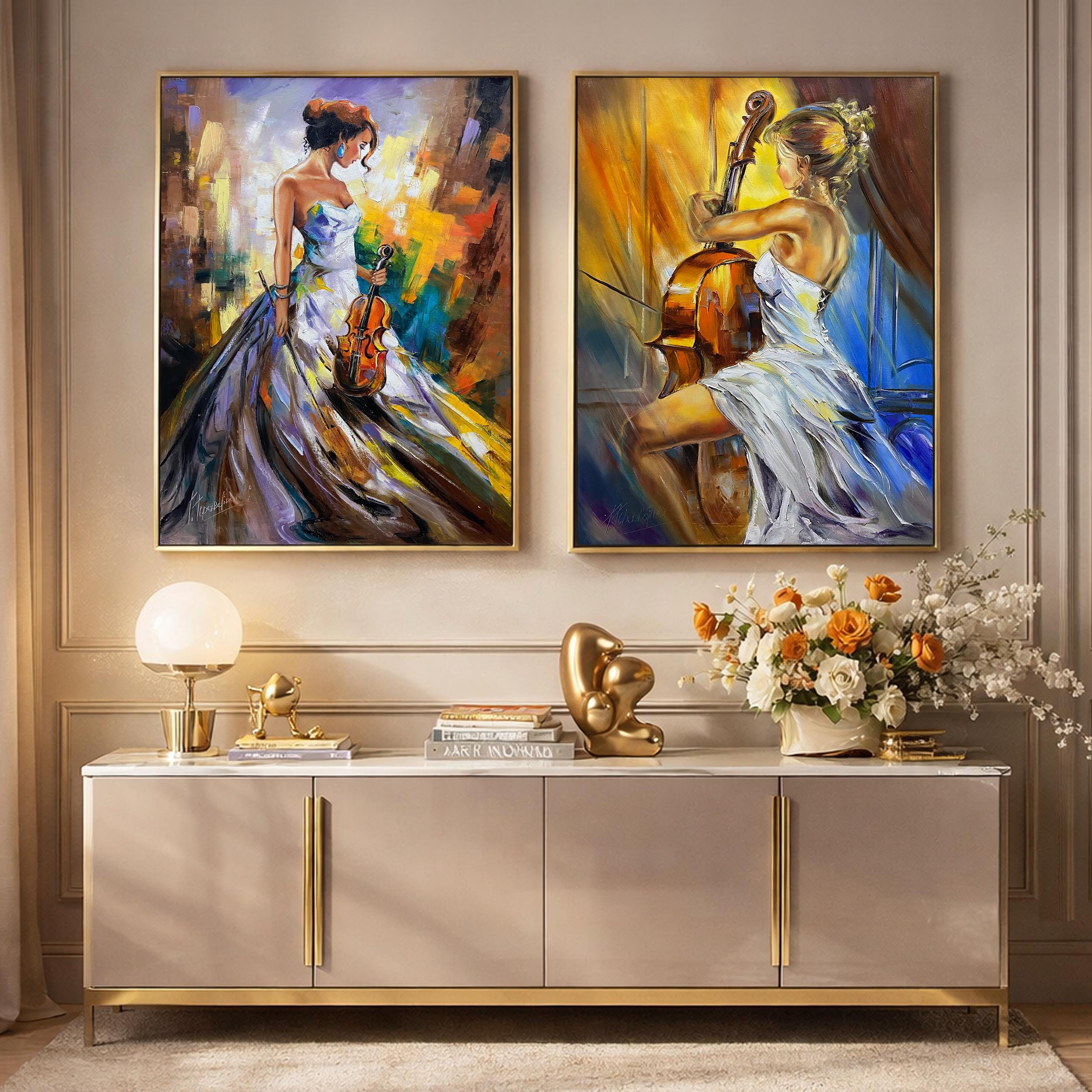 Music Art Set of Two Painting, Woman Playing Violin and Cello
