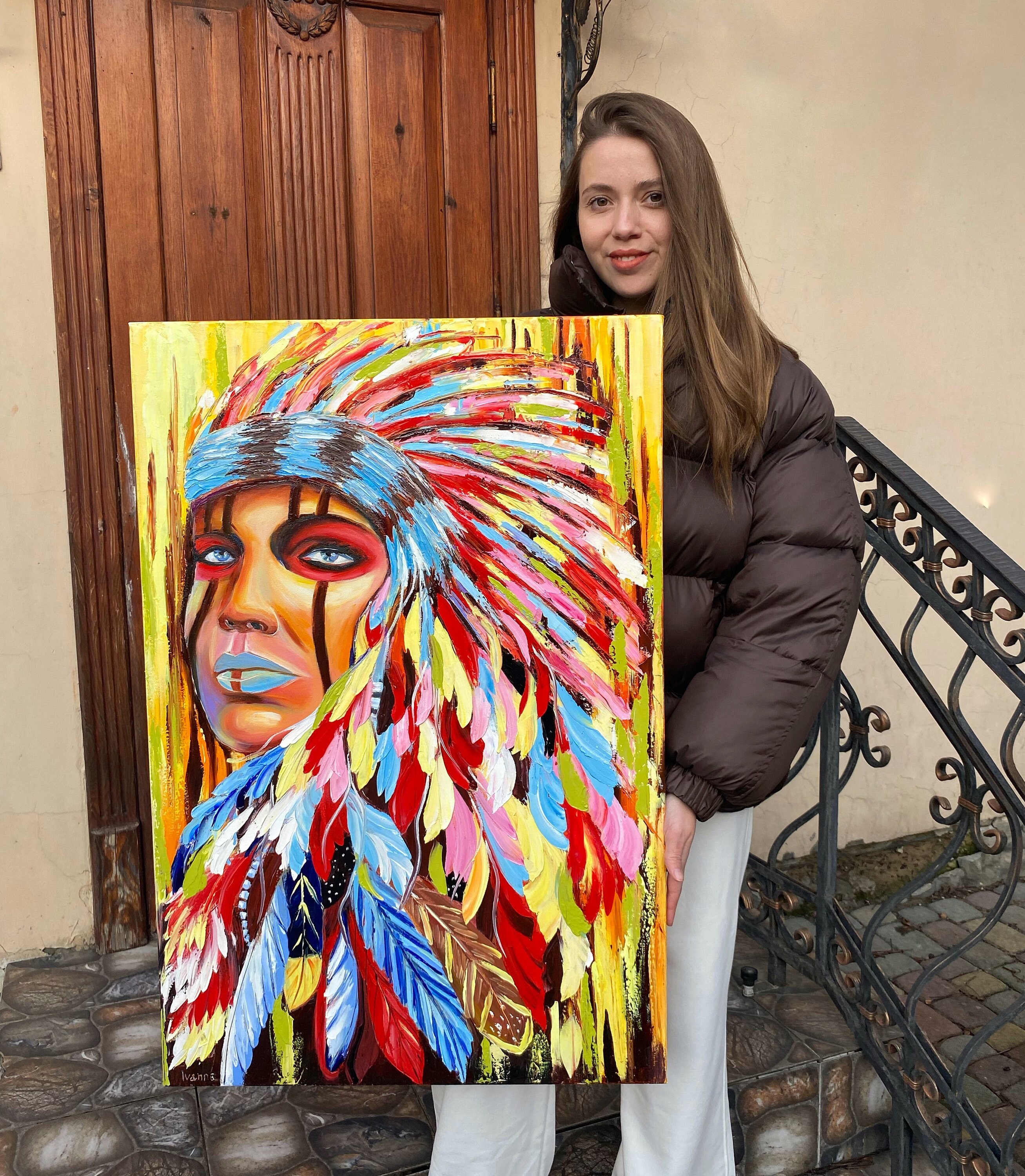 ネイティブアメリカンアート油絵 インディアンの羽根飾りをつけた