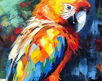 キャンバスに描かれたオウムの絵画 小鳥の油絵 オリジナルのオウムの壁
