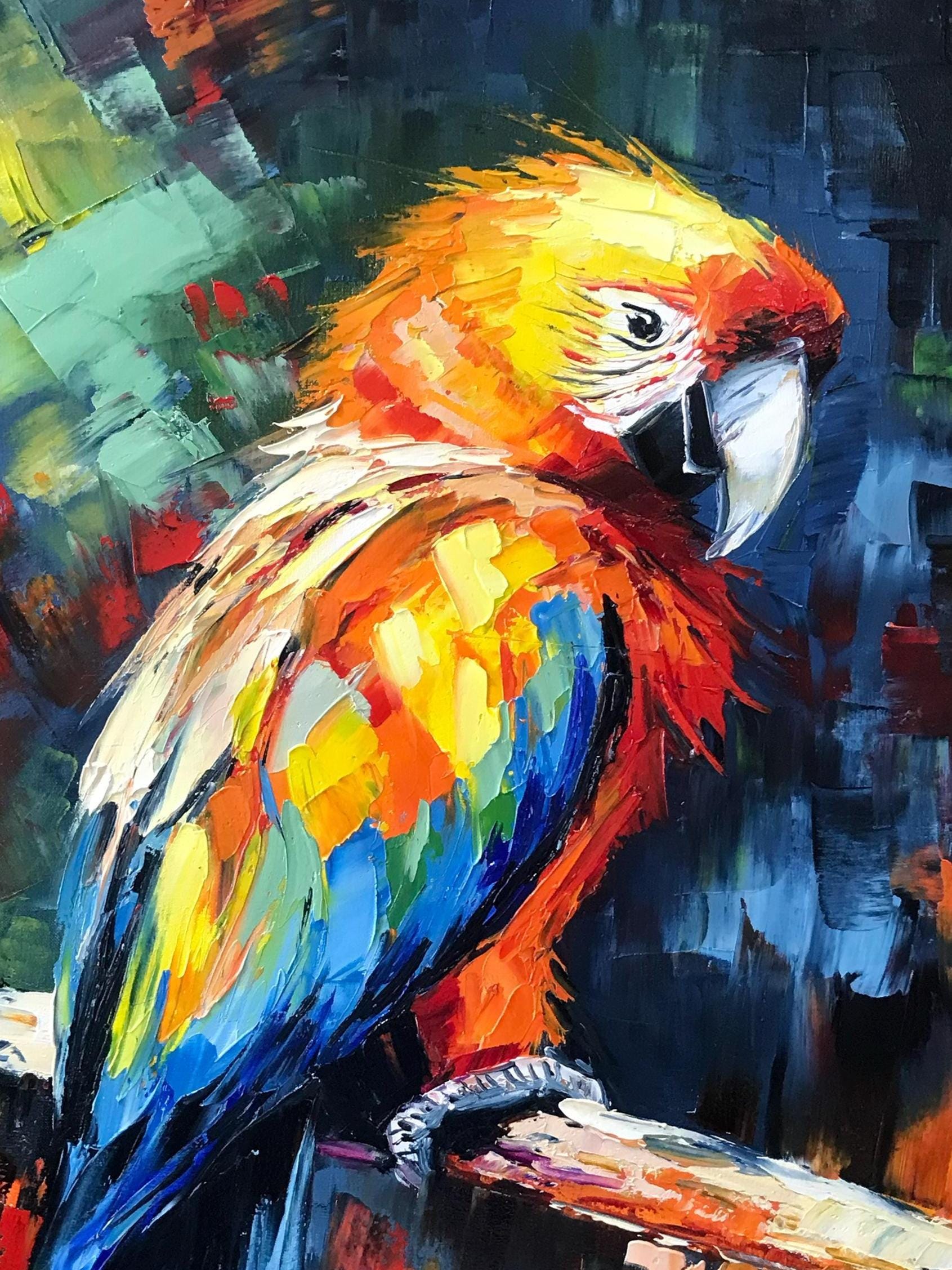 キャンバスに描かれたオウムの絵画 小鳥の油絵 オリジナルのオウムの壁