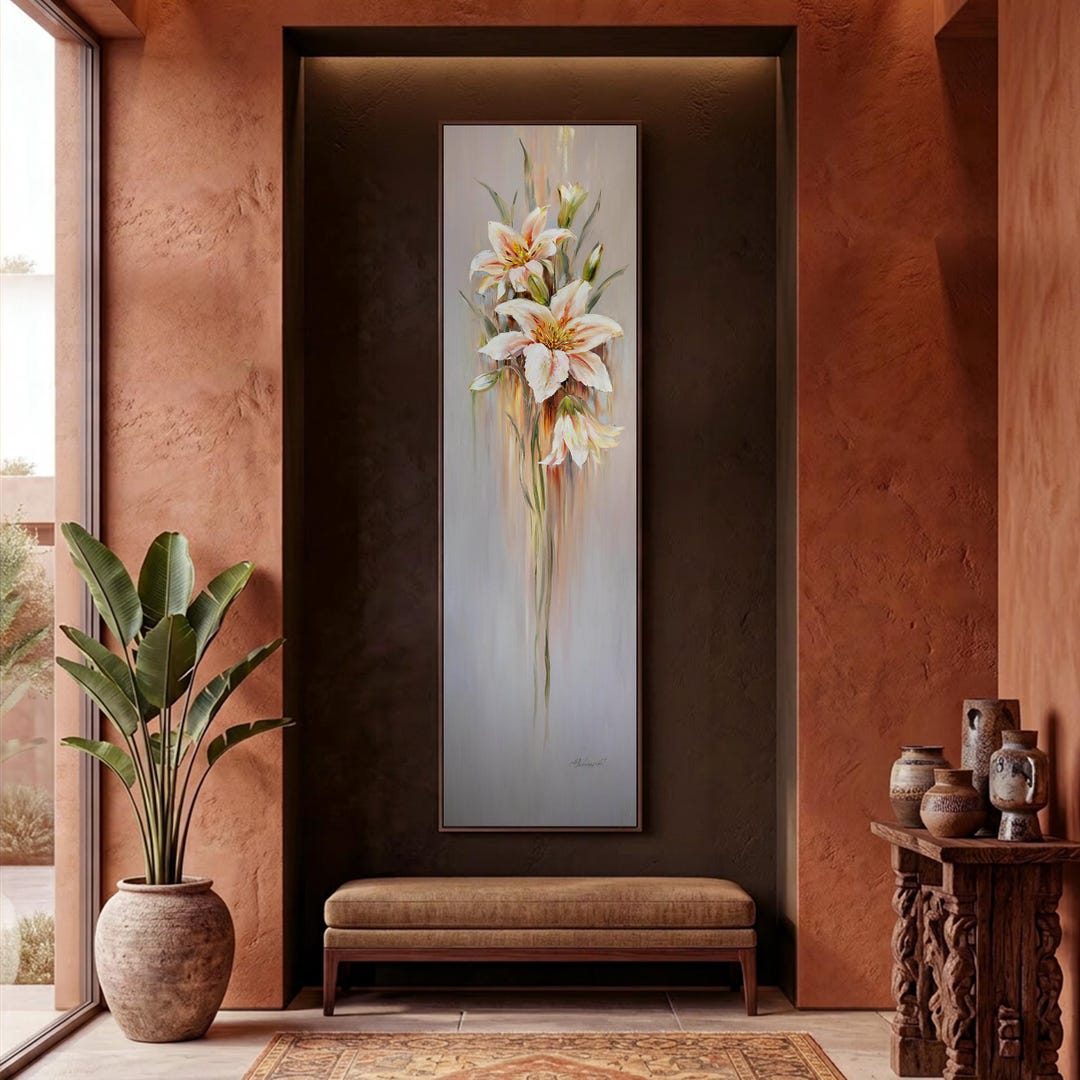 背の高い細長いユリの花の油絵、細長い抽象的な花柄のキャンバス壁画