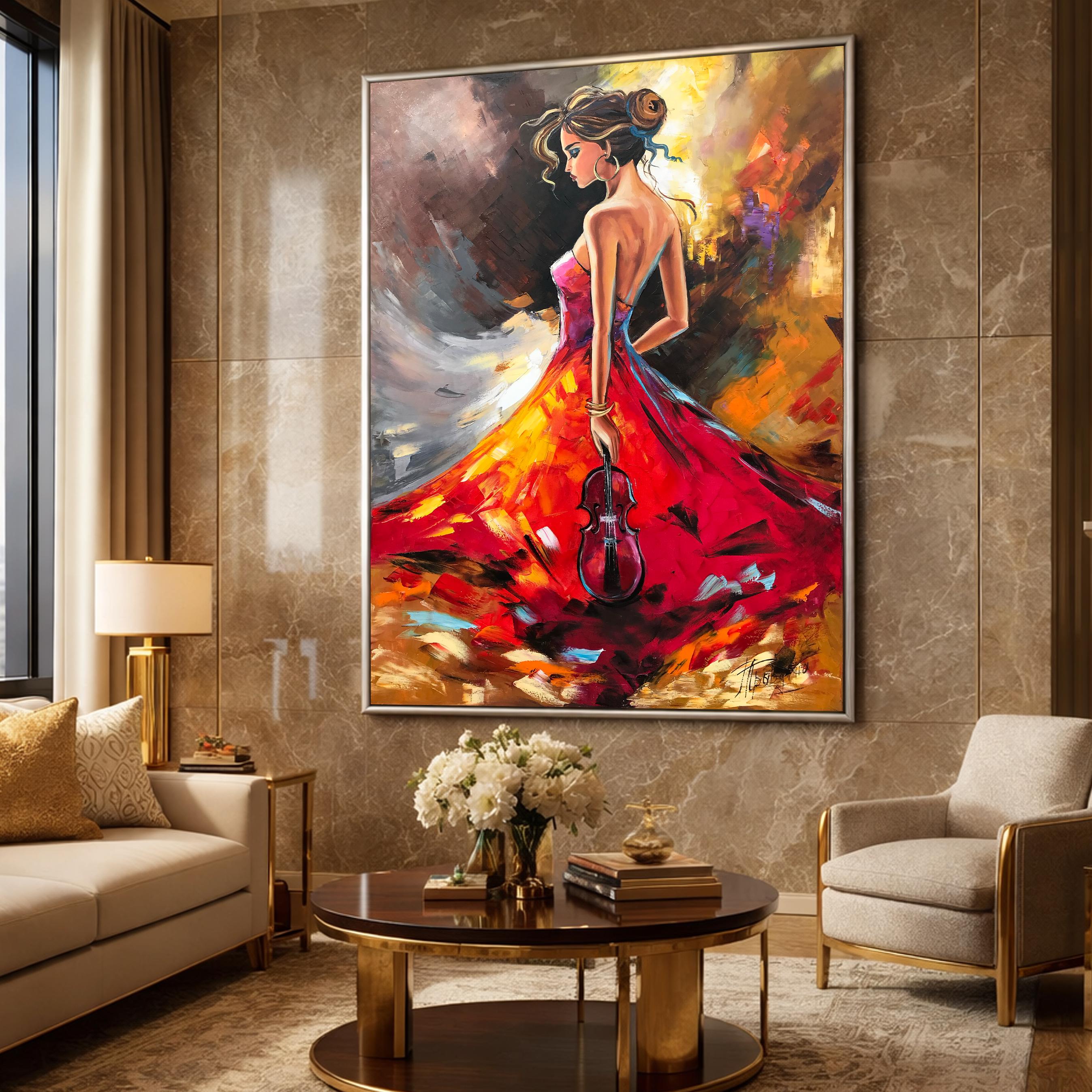 Original Girl With Violin Oil Painting Music Player Wall Art Musician ...