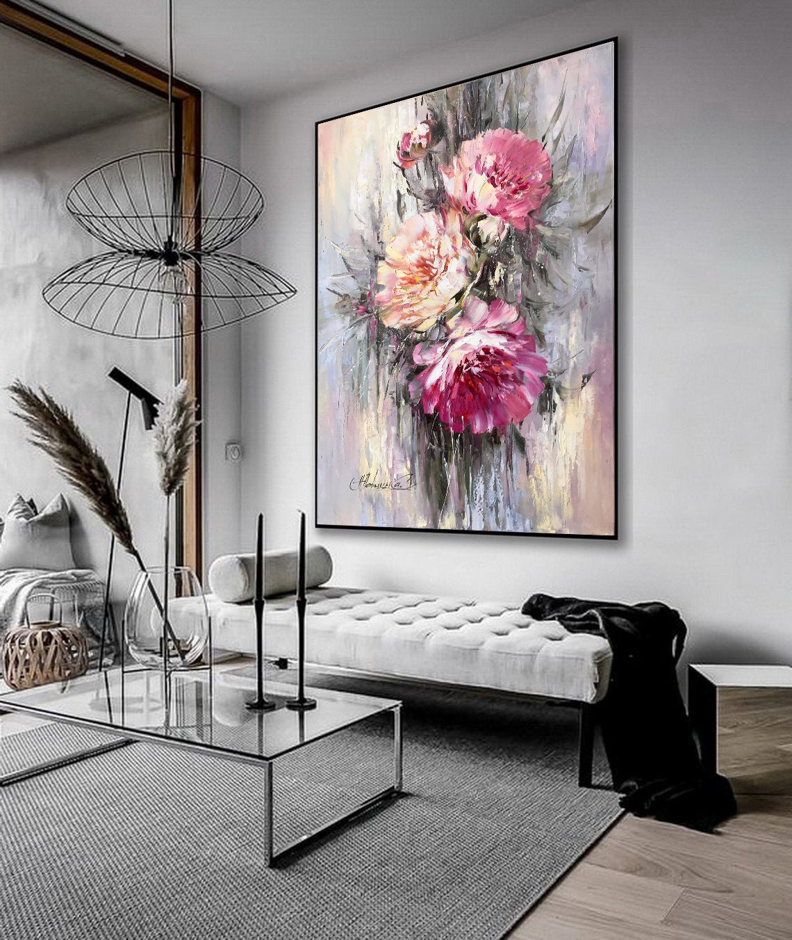 Large Peony Painting Abstract Peonies Wall Art Living Room Artwork ...