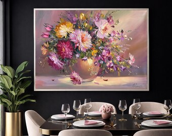 Original Floral Oil Painting: Pink Chrysanthemums in Vase, 30x40