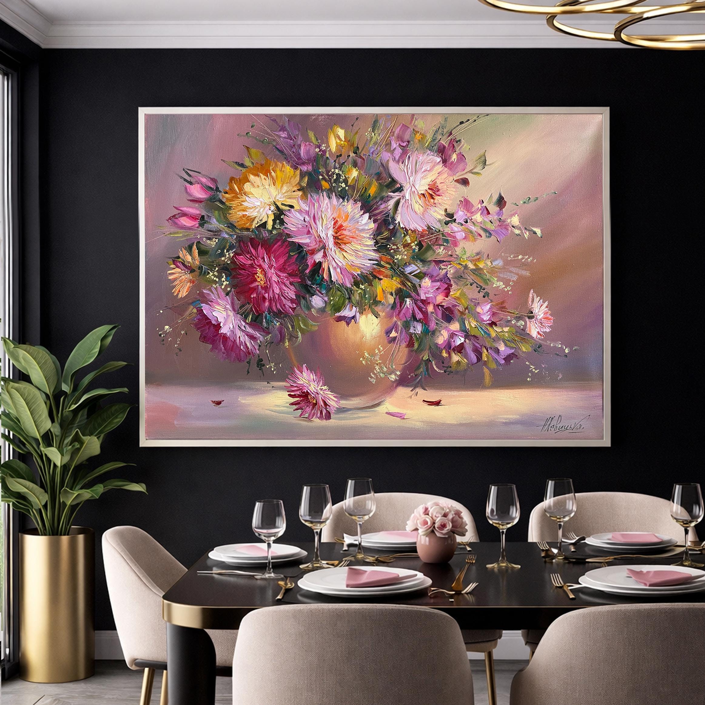 Original Floral Oil Painting: Pink Chrysanthemums in Vase, 30x40