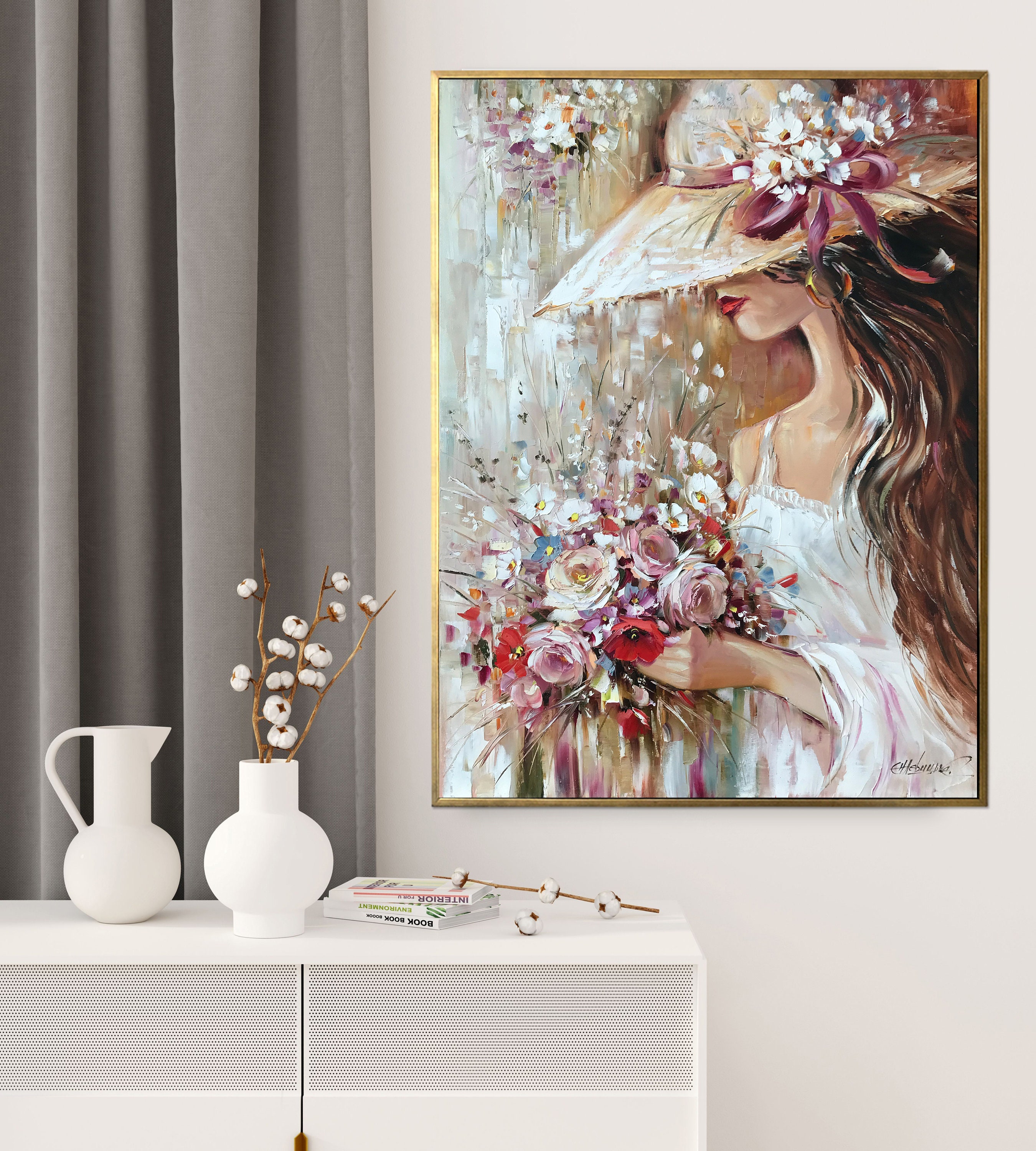 花を持つ美しい女性の絵画、フラワーガールの絵画、帽子をかぶっ