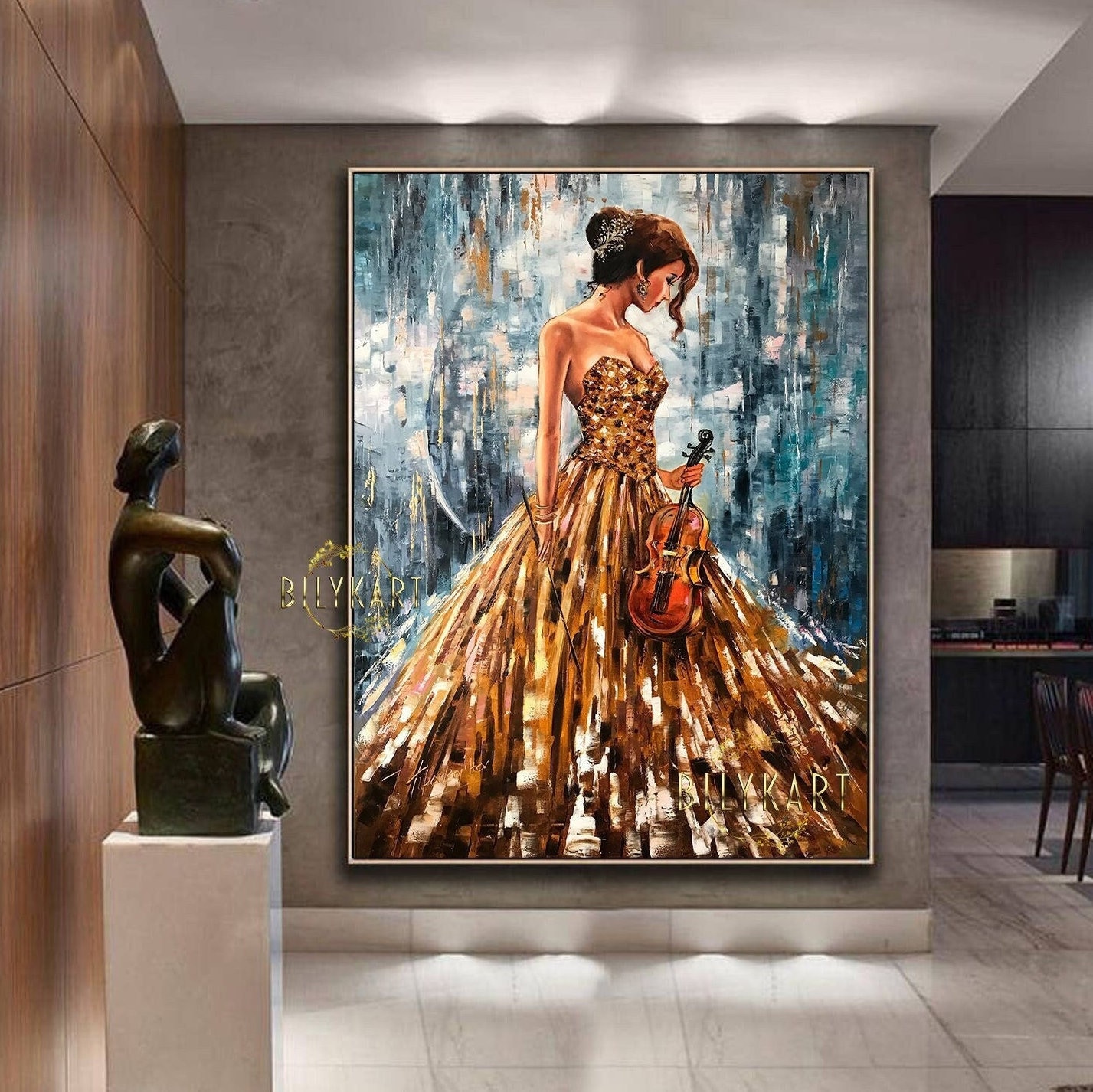 激安大特価！ Painting Oil Violin With Girl Gorgeous Abstract Wall Woman 絵画