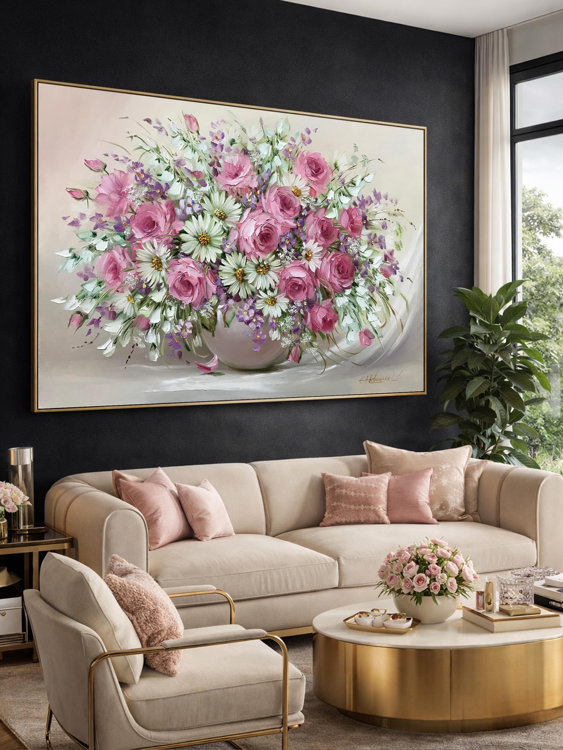 キャンバスに描かれた花束の油絵、静物画（花柄）の壁掛けアート