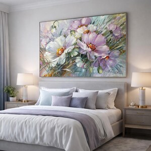 Large Flowers Oil Painting Original Daisy Wall Art Saga Green Purple Dining Room Decor Above Bed Art 40x30 Realistic Flower Daisy Painting image 6