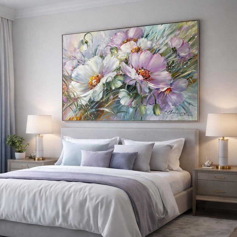 Large Flowers Oil Painting Original Daisy Wall Art Saga Green Purple Dining Room Decor Above Bed Art 40x30 Realistic Flower Daisy Painting image 6