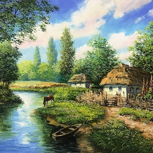 Ukrainian Village Painting Original Ukrainian Landscape Painting on Canvas Ukraine Wall Decor Ukraine Artist Paintings Ukrainian Folk Art