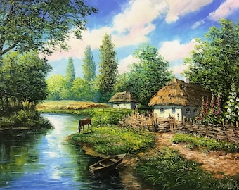 Ukrainian Village Painting Original Ukrainian Landscape Painting on Canvas Ukraine Wall Decor Ukraine Artist Paintings Ukrainian Folk Art