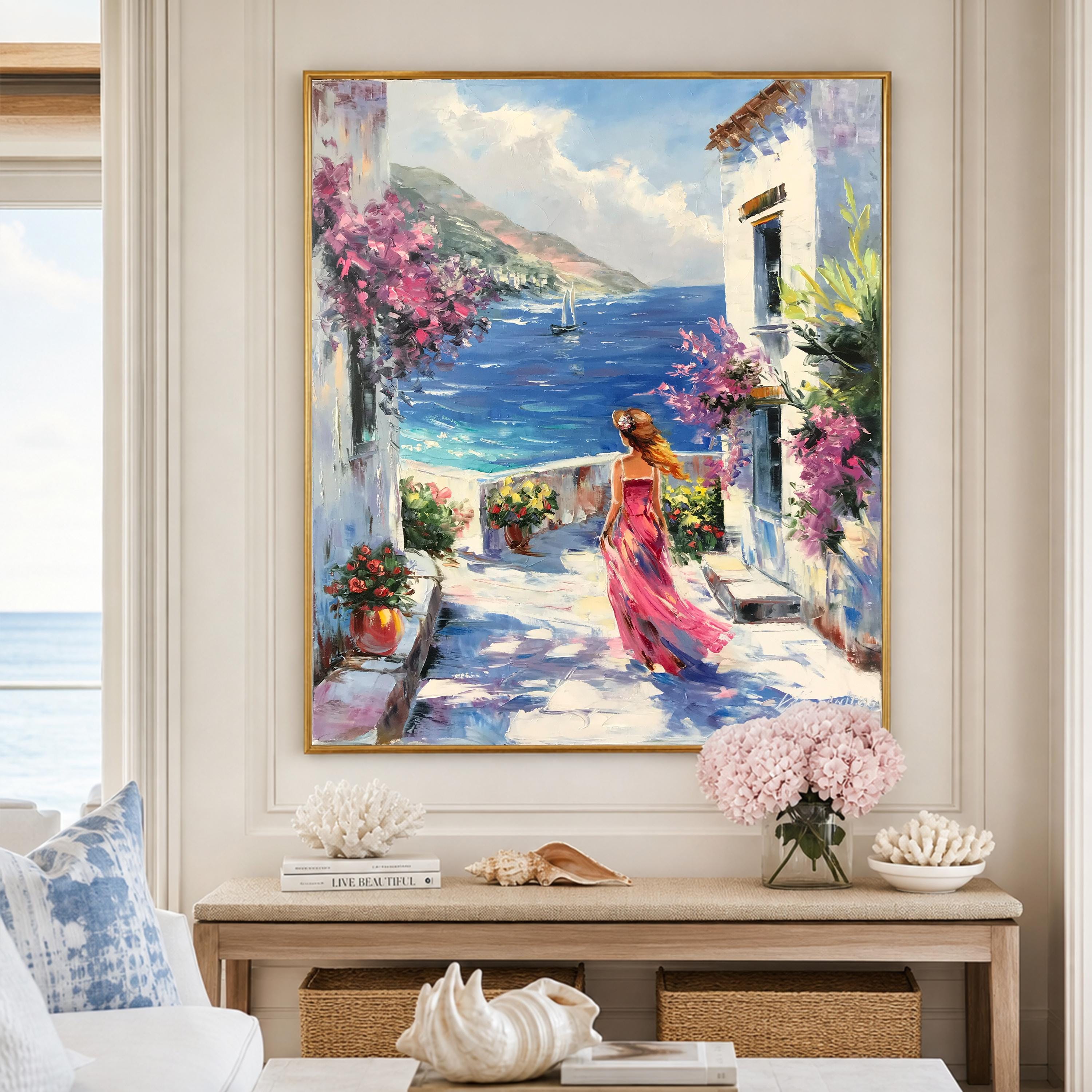 ミコノスの絵画 オリジナル 海を眺める女性の絵画 ギリシャの島の芸術