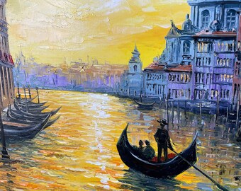 キャンバスに描かれたヴェネツィアの絵画 ゴールドの夕日の油絵