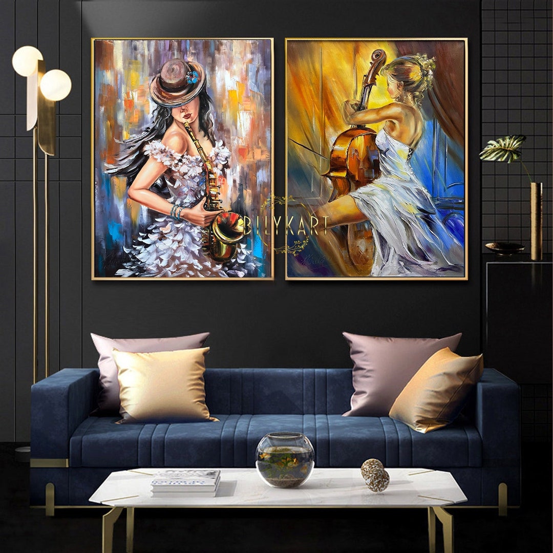 Set of 2 Large Canvas Paintings 2 Piece Wall Art Woman Pair Oil