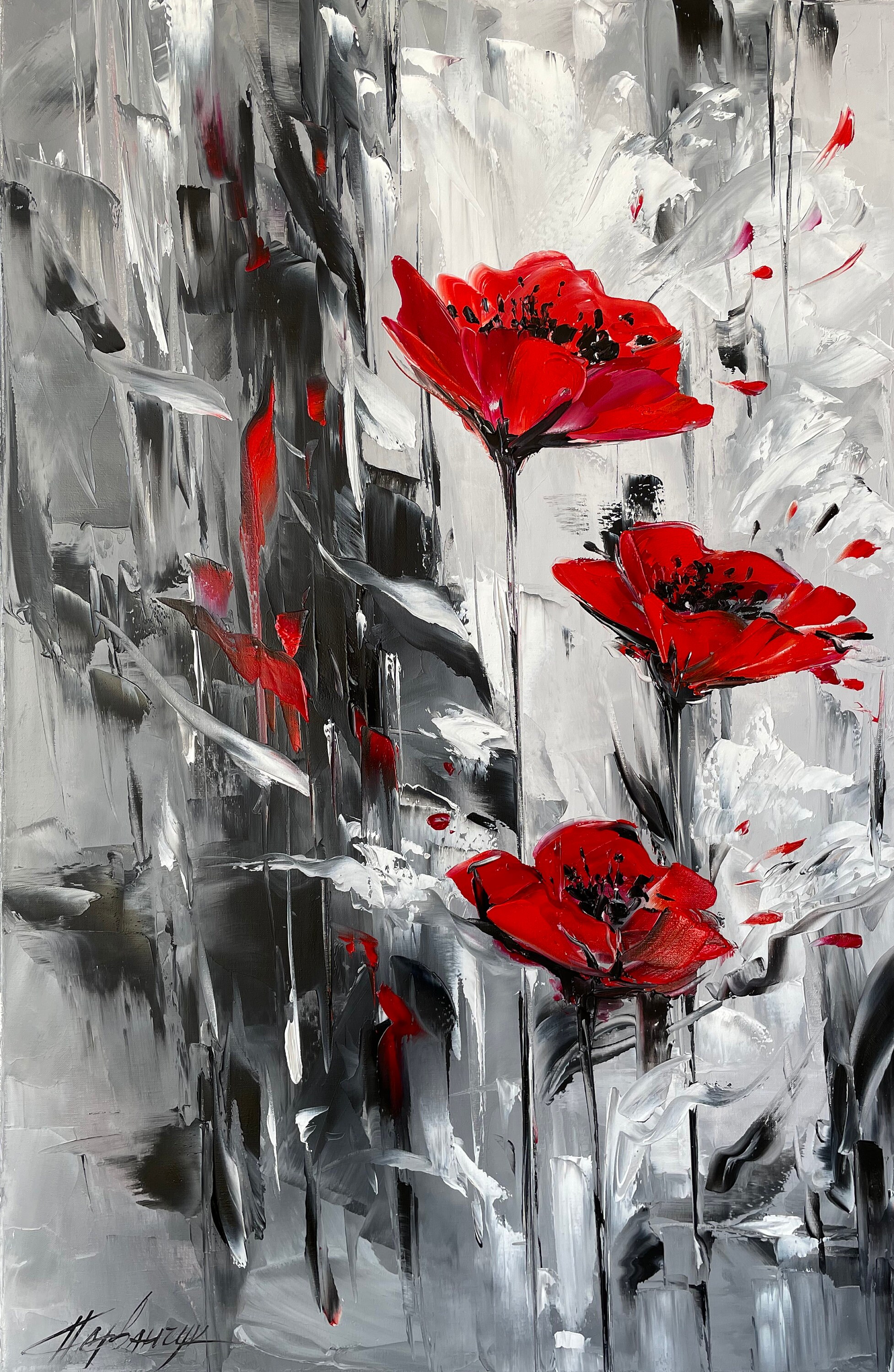 Large Black and White Oil Painting Abstract Paintings Poppy | Etsy