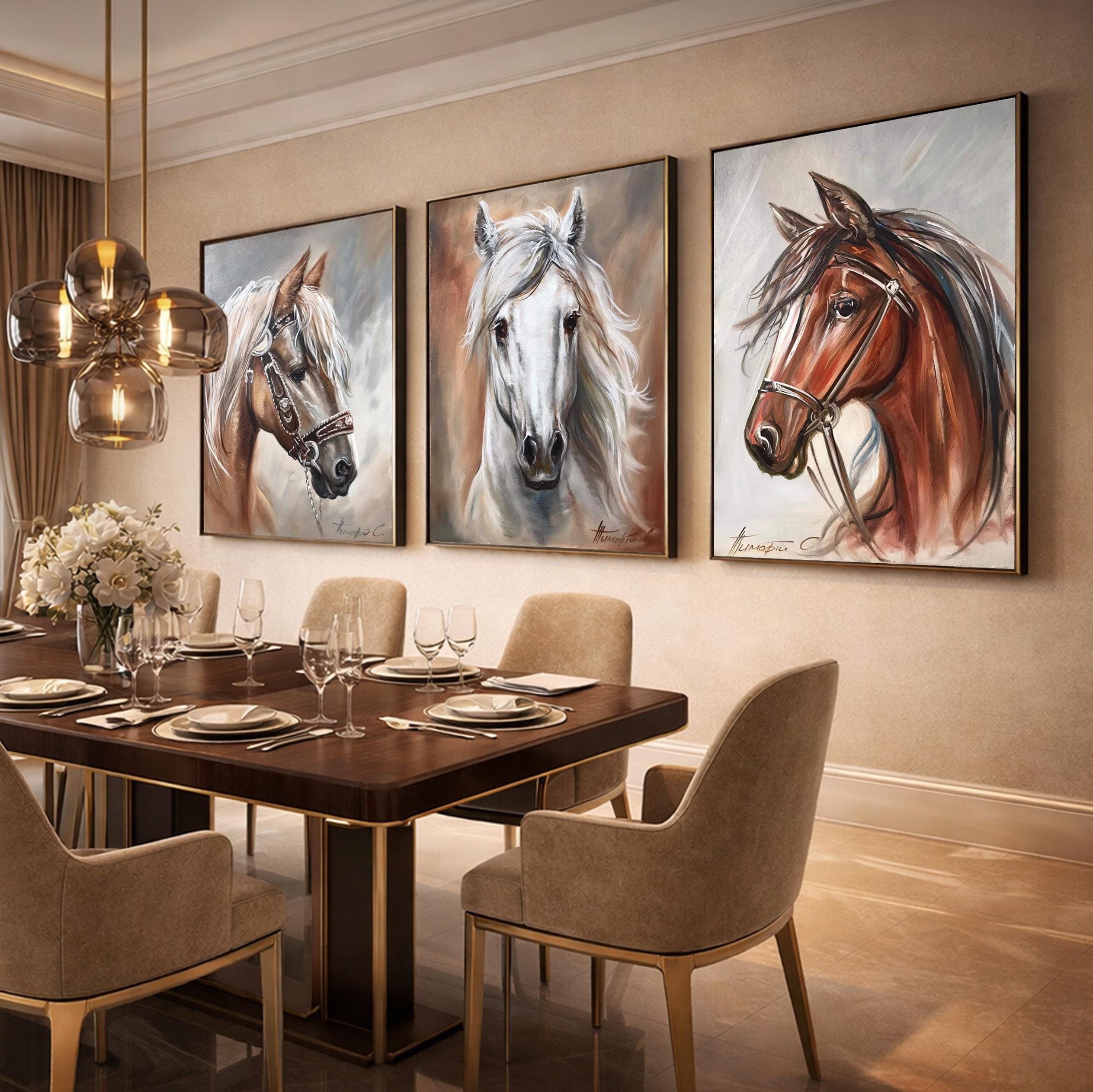 Large Horse Canvas Paintings Set of Three Pieces Wall Art Tryptic