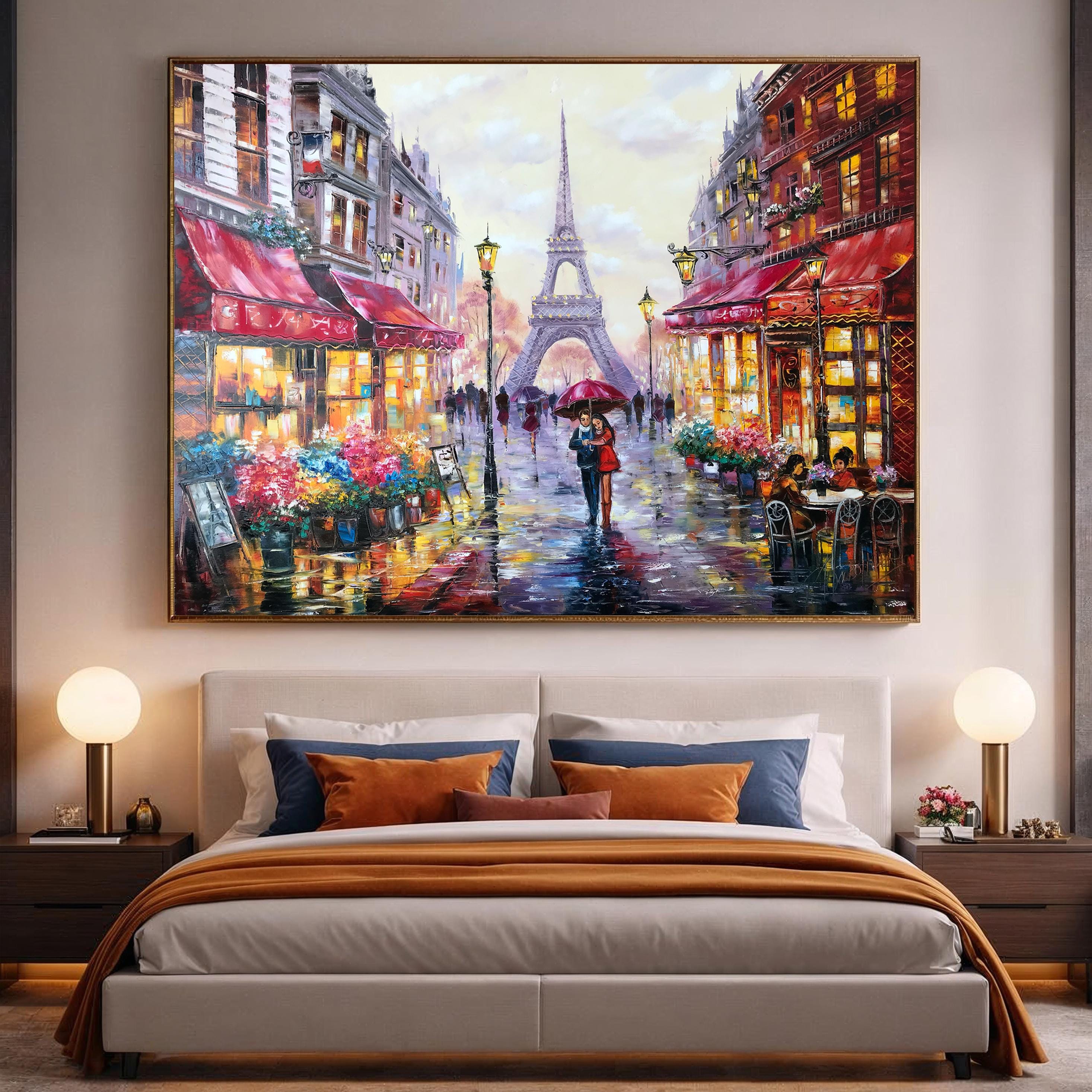 パリの愛の油絵 オリジナルの赤い傘の絵画 エッフェル塔のアート パリ