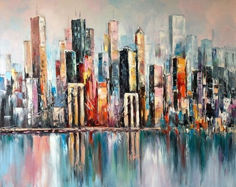 Large New York City Abstract Painting, Urban Cityscape Painting, Extra Large NY Modern Wall Art Decor, City Skyline Abstract Oil Painting