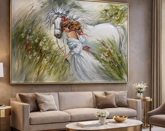 白い馬と女性 F25 キャンバス 油彩画 絵画 アート 白馬に乗った少女の油絵、白いドレスを着た優雅な女性のアート