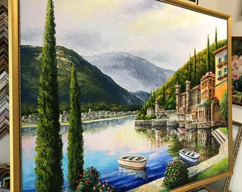 コモ湖の油絵 オリジナルイタリア風景画 キャンバス イタリアアート