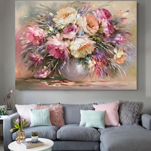 Pink Peonies Original Painting, Large Flowers Wall Art, Peony on Canvas ...